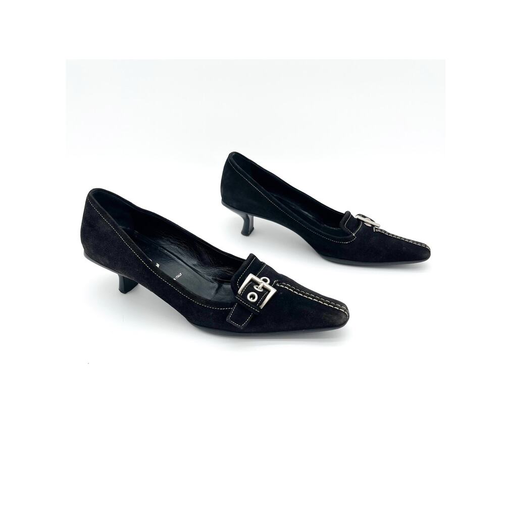 Prada Black Suede Buckle Detail Retro Pointed Toe Kitten Heel Pumps IT 37.5